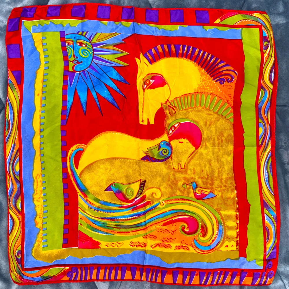 Vibrant Multicolor Laurel Burch Scarf w/Horse Design 100% Silk Hand-Stitched Hem